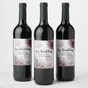 Elegant purple, pink, and maroon floral wine label