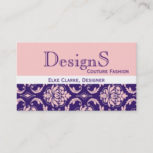 Elegant Purple Pink Damask Fashion Business Card (Front)