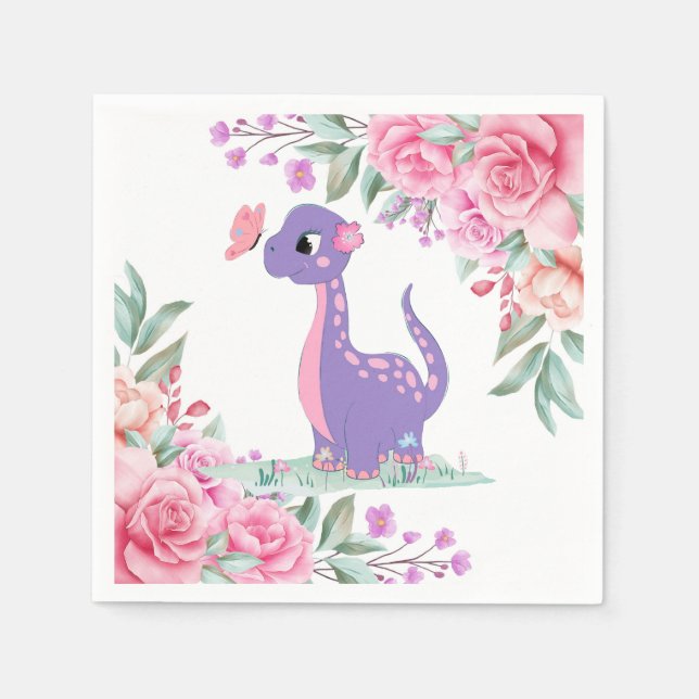 Elegant Purple Pink Dinosaur Butterfly Baby Shower Napkin (Front)