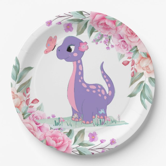 Elegant Purple Pink Dinosaur Butterfly Baby Shower Paper Plate (Front)