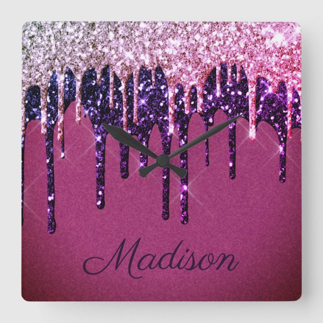 Elegant Purple Pink Dripping Glitter Monogram    Square Wall Clock (Front)
