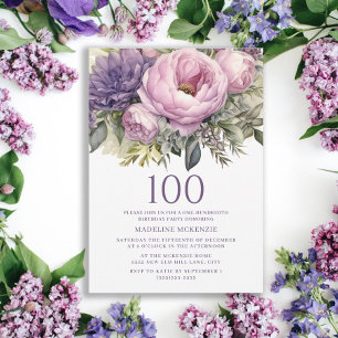 Elegant Purple Pink Floral 100th Birthday Invitation