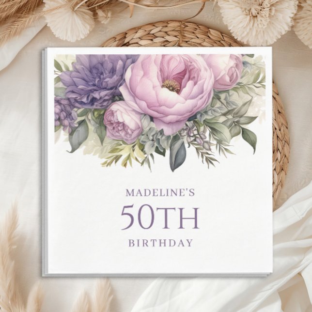 Elegant Purple Pink Floral 50th Birthday Napkin (Elegant purple watercolor floral and greenery birthday party paper napkins)