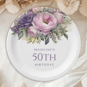 Elegant Purple Pink Floral 50th Birthday Paper Plate