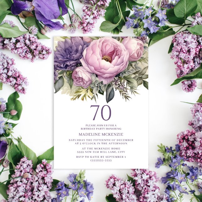 Elegant Purple Pink Floral 70th Birthday Invitation (Purple floral and greenery botanical 70th birthday party invitation for women.)