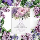 Elegant Purple Pink Floral 80th Birthday Invitation<br><div class="desc">Elegant purple and pink floral women's 80th birthday party invitation. This invitation can be purchased printed or as a digital invitation to share with family and friends on social media or through email. Contact me for assistance with your customisations or to request additional matching or coordinating Zazzle products for your...</div>