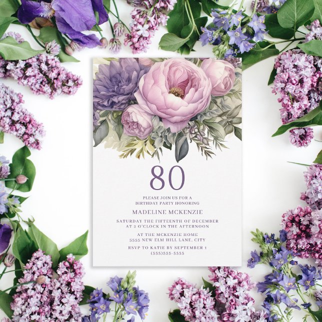 Elegant Purple Pink Floral 80th Birthday Invitation (Elegant purple peonies botanical birthday party invitation for her.)