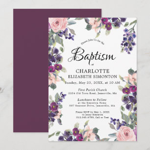 Elegant Purple Pink Floral Baptism Invitation