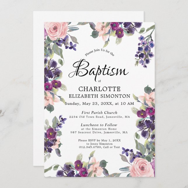 Elegant Purple Pink Floral Baptism Invitation (Front/Back)