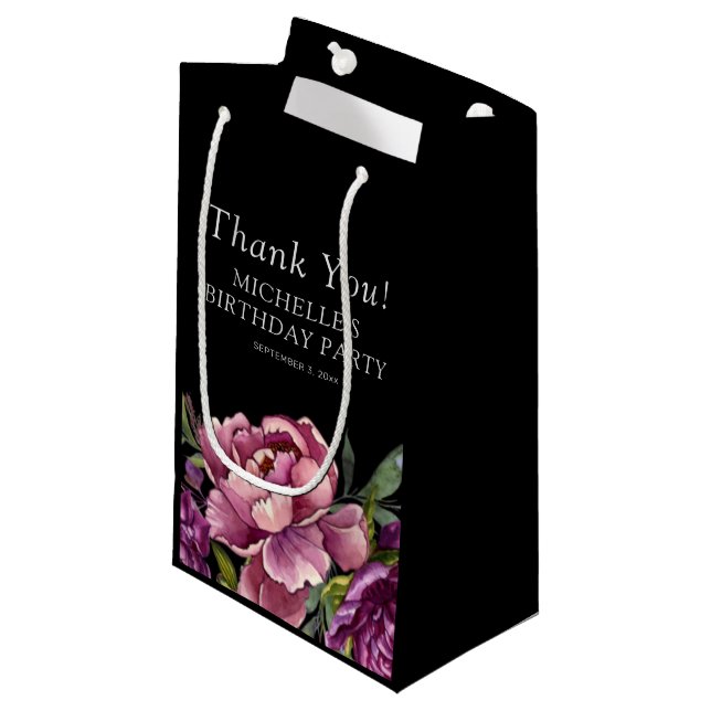 Elegant Purple Pink Floral Black Birthday  Small Gift Bag (Front Angled)