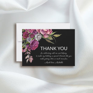 Elegant Purple Pink Floral Black Birthday Thank You Card
