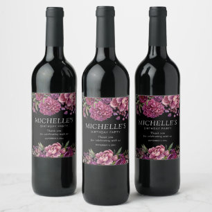 Elegant Purple Pink Floral Black Birthday Wine Label