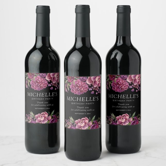 Elegant Purple Pink Floral Black Birthday  Wine Label (Bottles)