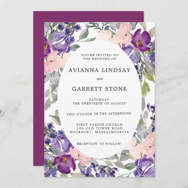 Elegant Purple Pink Floral Botanical Wedding Invitation (Front/Back)