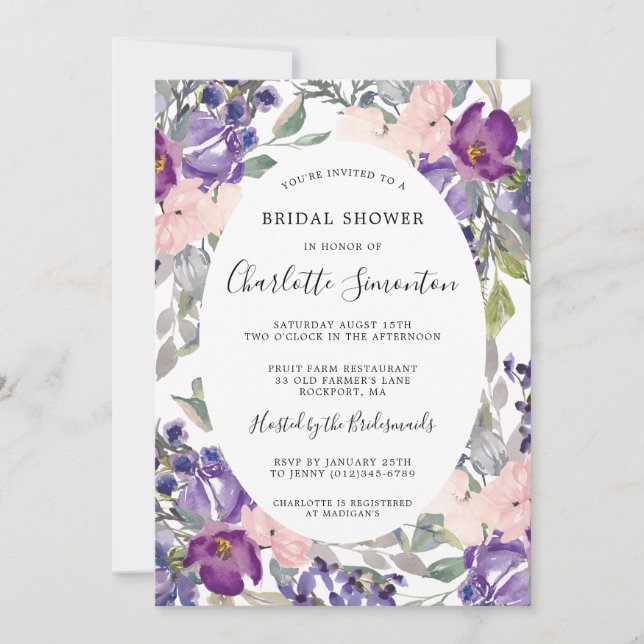 Elegant Purple Pink Floral Bridal Shower Invitation (Front)