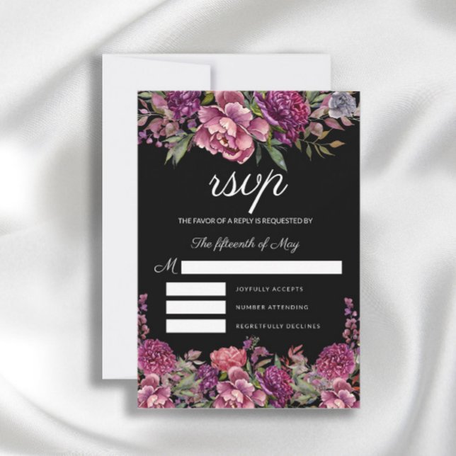 Elegant Purple Pink Floral Greenery Black Wedding RSVP Card (Creator Uploaded)