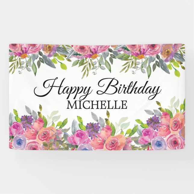 Elegant Purple Pink Floral Happy Birthday Name Banner (Horizontal)