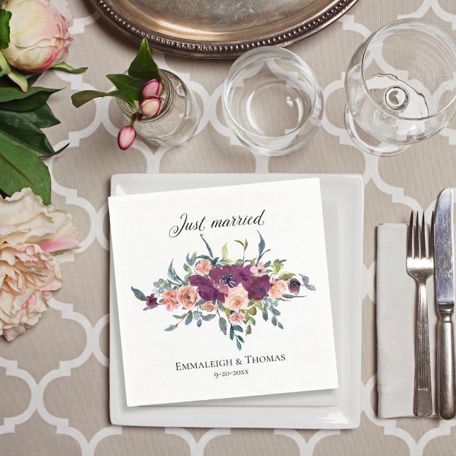 Elegant Purple Pink Floral Just Married Wedding Napkin (Creator Uploaded)