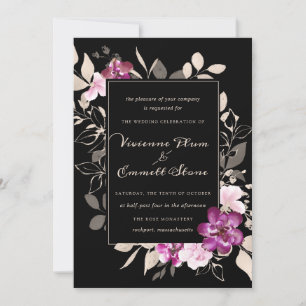 Elegant Purple Pink Floral on Black Wedding Invitation