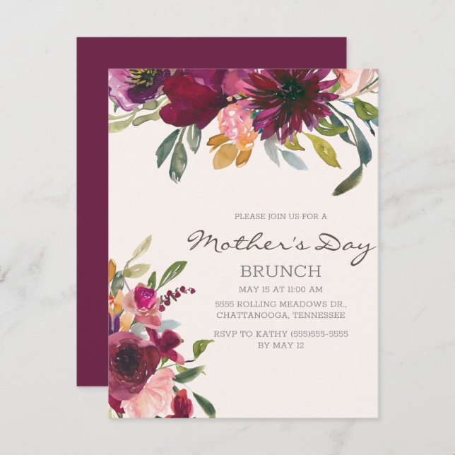Elegant Purple Pink Floral Script Mother's Day Invitation (Front/Back)