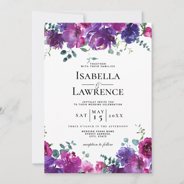 Elegant Purple Pink Floral Watercolor Wedding Invitation (Front)