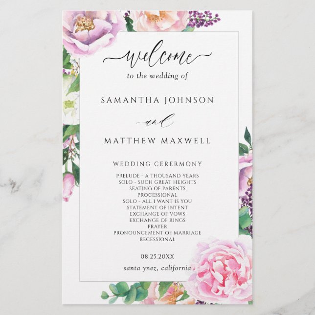 Elegant Purple Pink Floral Wedding Program (Front)