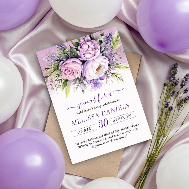 Elegant Purple & Pink Garden Flowers Bridal Shower Invitation (Elegant Purple & Pink Garden Flowers Bridal Shower Invitation)
