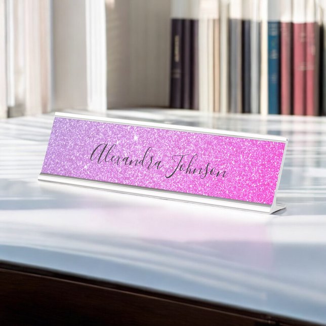 Elegant Purple Pink Glitter Sparkle Modern Desk Name Plate (Creator Uploaded)