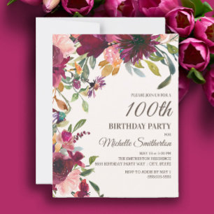Elegant Purple Pink Gold Floral 100th Birthday Invitation