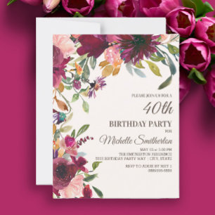 Elegant Purple Pink Gold Floral 40TH Birthday Invitation