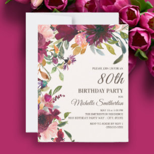 Elegant Purple Pink Gold Floral 80th Birthday Invitation