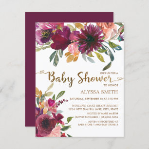 Elegant Purple Pink Gold Floral Script Baby Shower Invitation