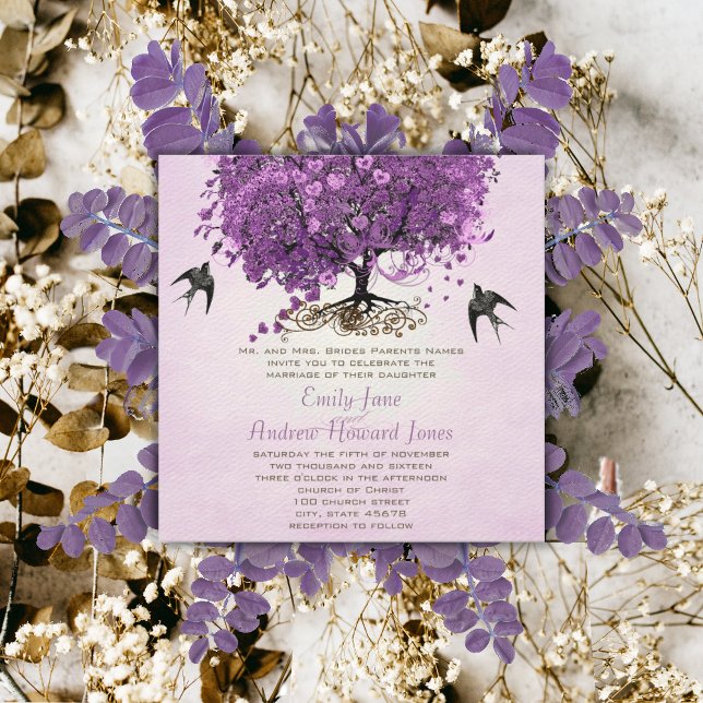 Elegant Purple Pink Heart Leaf Tree Wedding Invitation (Creator Uploaded)
