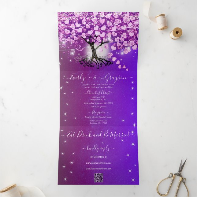 Elegant Purple Pink Heart Leaf Tree Wedding Tri-Fold Invitation (Inside)