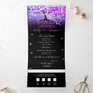 Elegant Purple Pink Heart Leaf Tree Wedding Tri-Fold Invitation