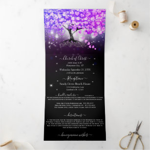 Elegant Purple Pink Heart Leaf Wedding Tri-Fold Invitation