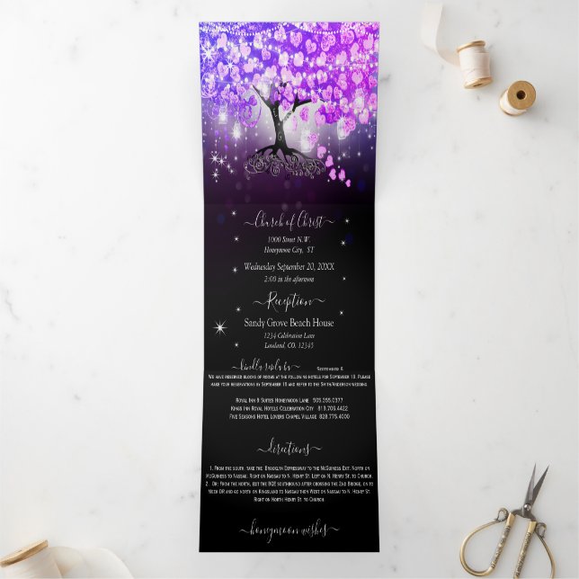 Elegant Purple Pink Heart Leaf Wedding Tri-Fold Invitation (Inside)