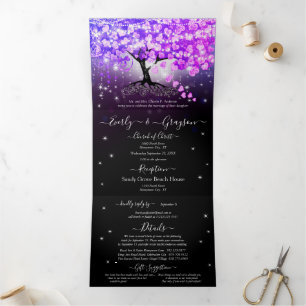 Elegant Purple Pink Heart Leaf Wedding Tri-Fold Invitation