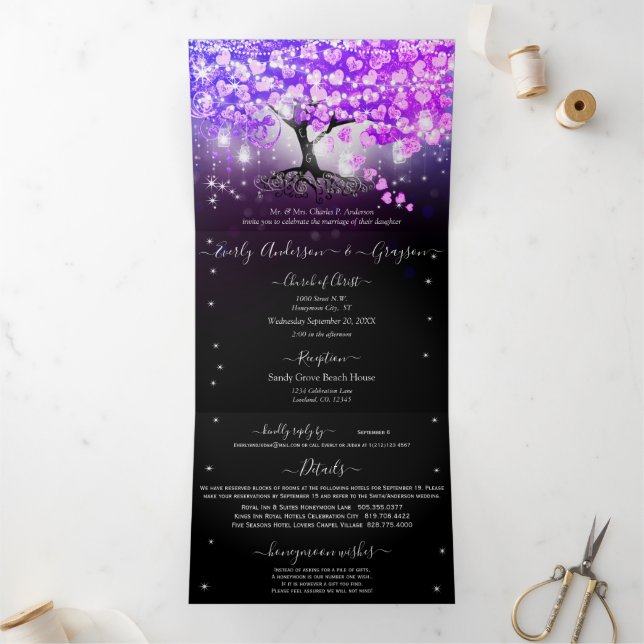 Elegant Purple Pink Heart Leaf Wedding Tri-Fold Invitation (Inside)