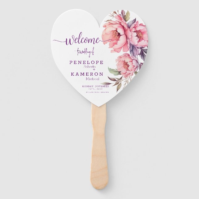 Elegant Purple Pink Rose Peony  Wedding Program Hand Fan (Front)