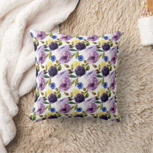 Elegant Purple Pink Watercolor Floral  Cushion