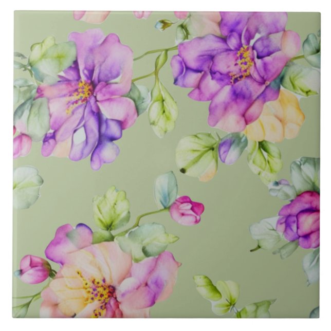 Elegant purple pink watercolor florals tile (Front)