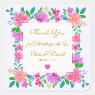 Elegant Purple Pink Wildflower Thank You Wedding Square Sticker