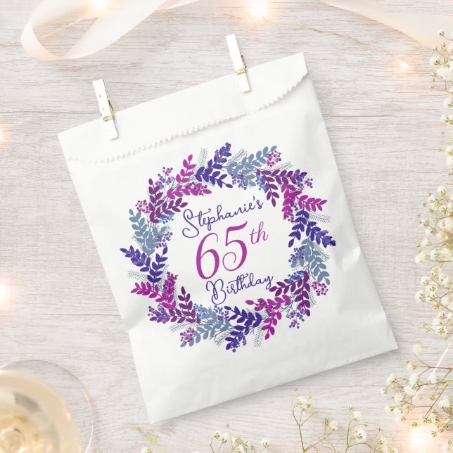Elegant Purple Pink Wreath 65th Birthday Favour Bags (Clipped)
