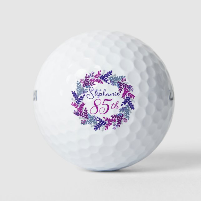 Elegant Purple Pink Wreath 85th Birthday Golf Balls (Front)