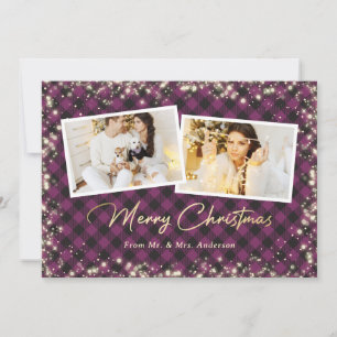 Elegant Purple Plaid Newlyweds Photo Christmas Holiday Card