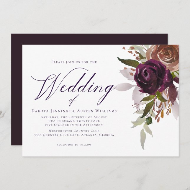 Elegant Purple Plum Floral Chic Script Wedding Invitation (Front/Back)