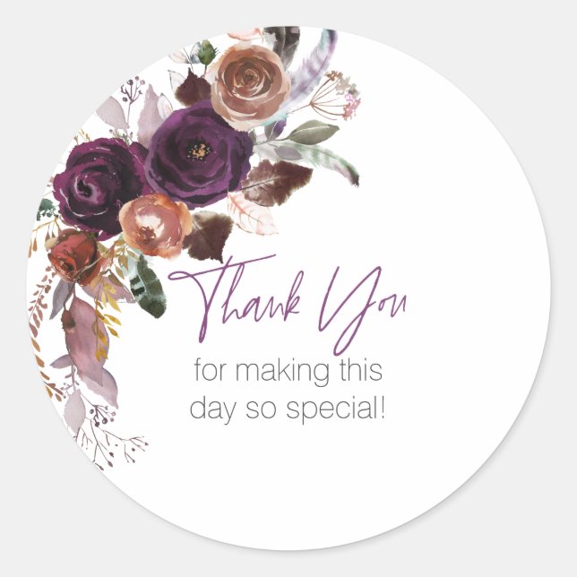 Elegant Purple Plum Floral Personalised Thank You Classic Round Sticker (Front)
