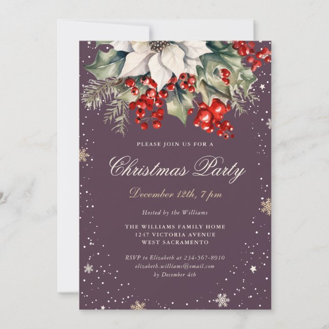 Elegant Purple Poinsettia Berries Christmas Party Invitation (Front)