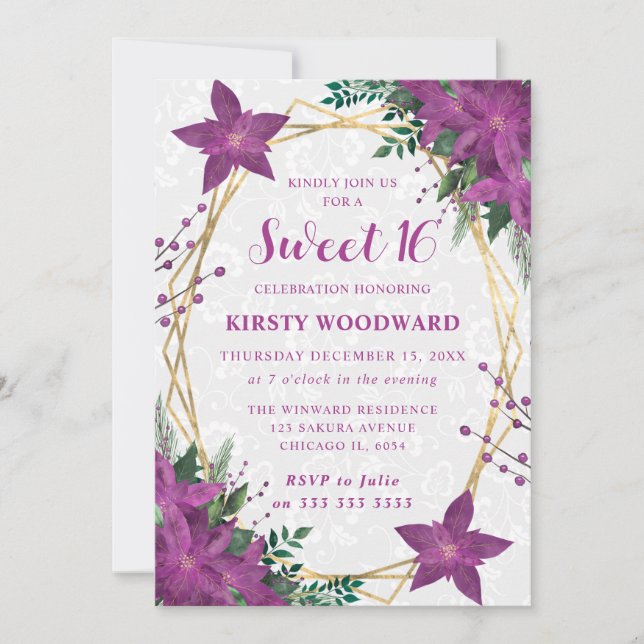 Elegant Purple Poinsettia Winter Sweet 16 Invitation (Front)